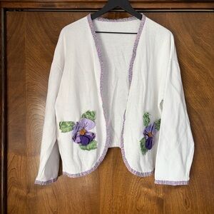 Women’s Handmade L/XL? White Purple Flowers Open Long Sleeve Sweatshirt Cardigan